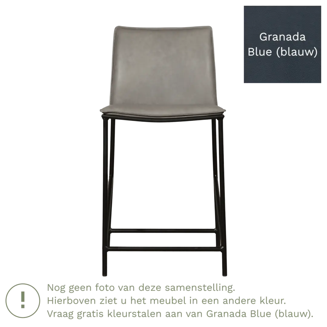 afbeelding van Leren barkruk laag Favor - Granada Blue (blauw) - poten staal rond zwart